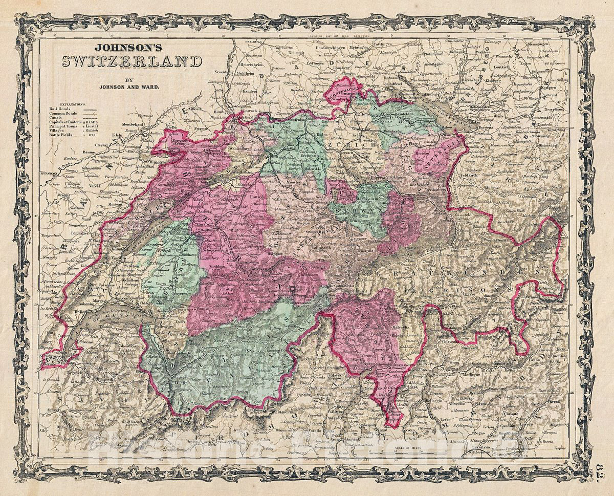 Historic Map : Johnson Map of Switzerland, Version 2, 1863, Vintage Wall Art
