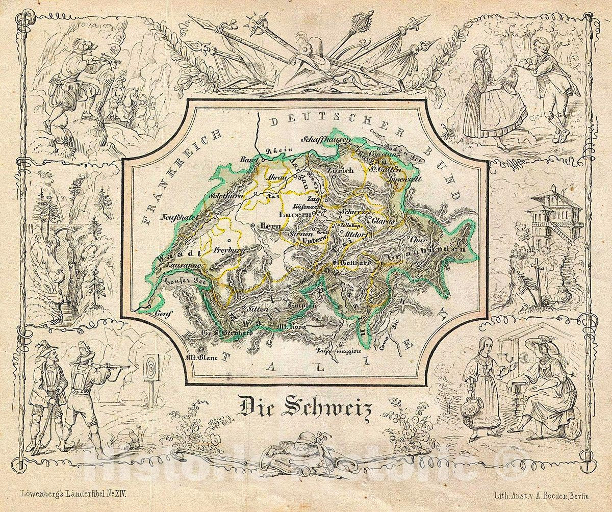 Historic Map : Lowenberg Whimsical Map of Switzerland, 1846, Vintage Wall Art