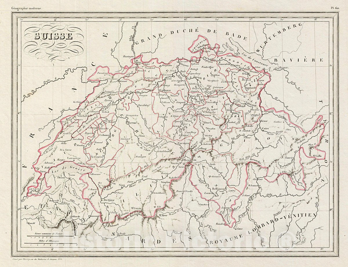 Historic Map : MalteBrun Map of Switzerland, Version 2, 1843, Vintage Wall Art
