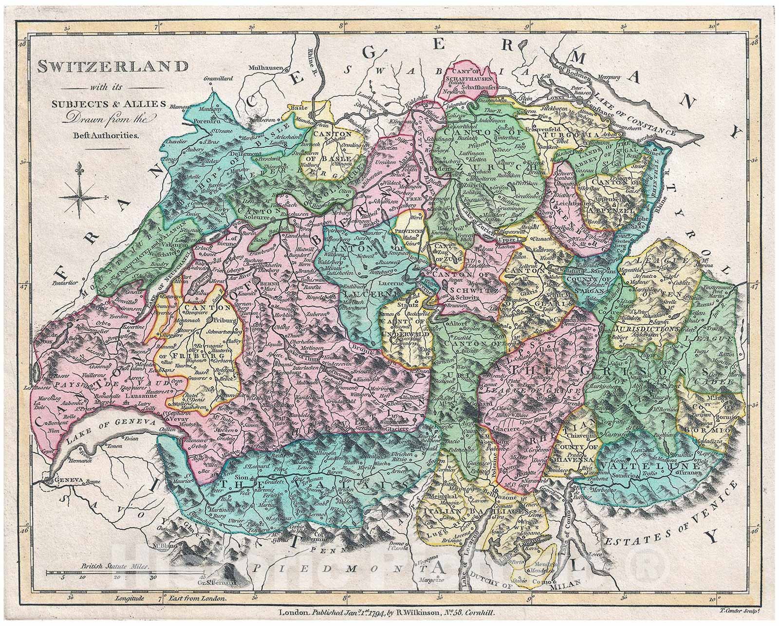 Historic Map : Wilkinson Map of Switzerland, 1794, Vintage Wall Art