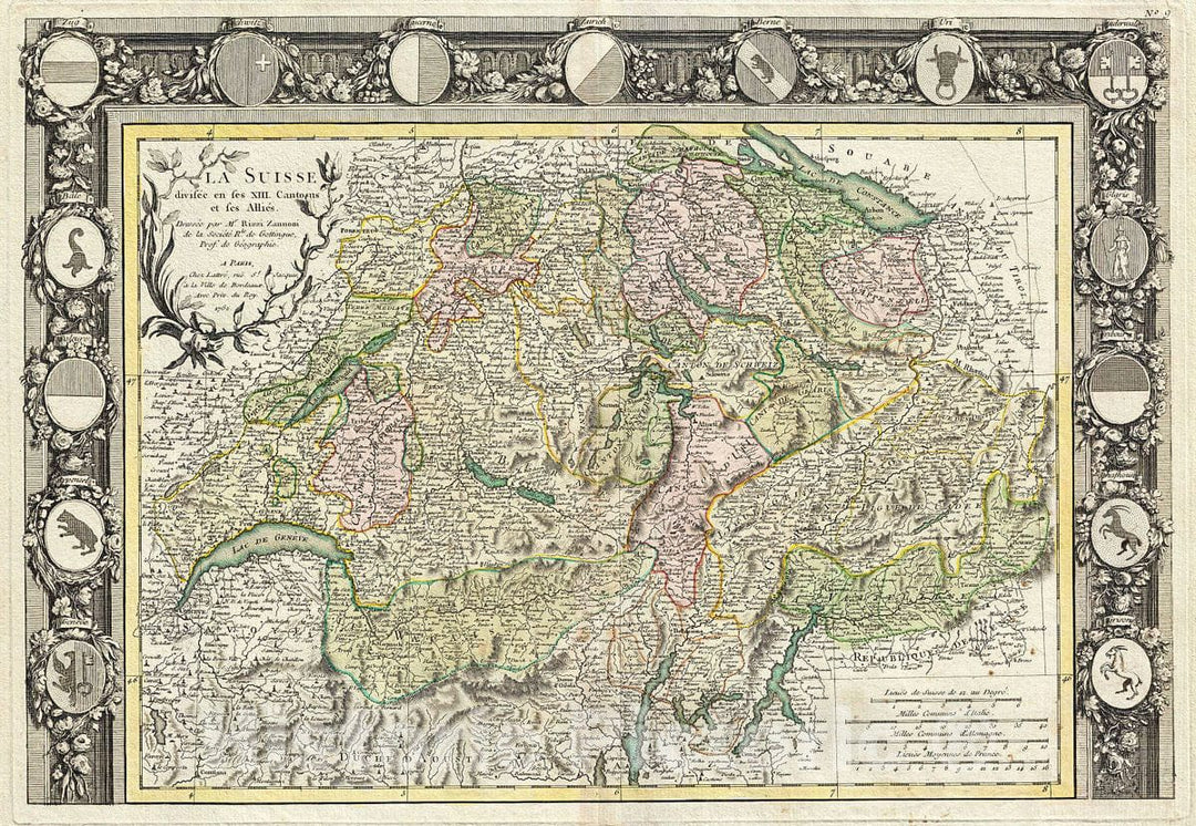 Historic Map : Rizzi Zannoni Map of Switzerland, 1762, Vintage Wall Art