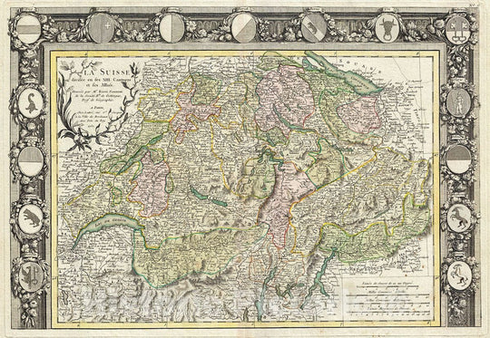 Historic Map : Rizzi Zannoni Map of Switzerland, 1762, Vintage Wall Art