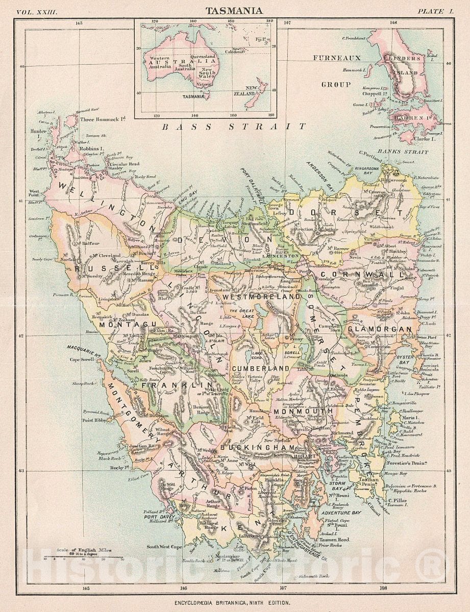 Historic Map : Encyclopedia Britannica Map of Tasmania, Australia, 1888, Vintage Wall Art