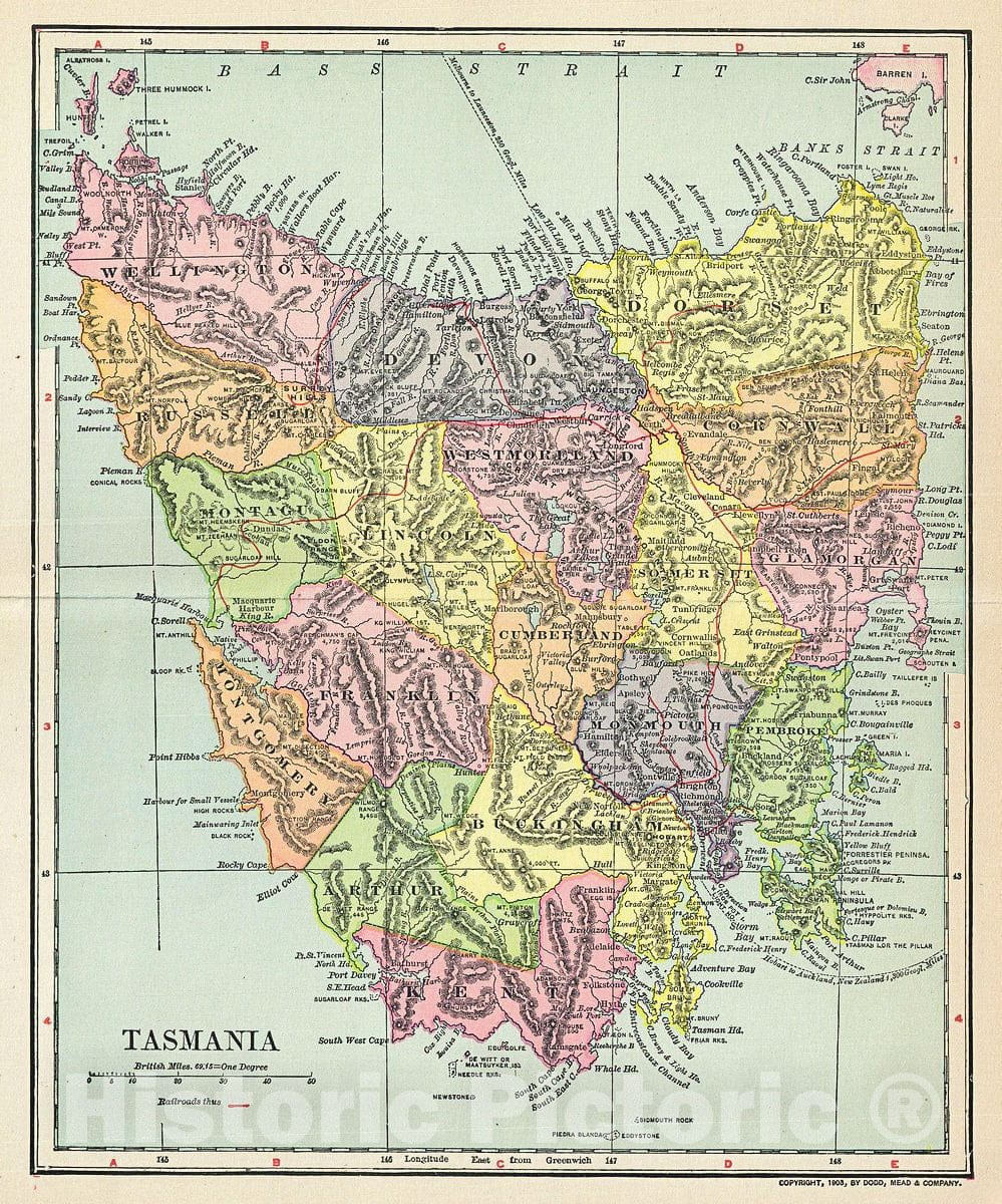 Historic Map : Dodd, Mead and Co. Map of Tasmania, Australia, 1903, Vintage Wall Art