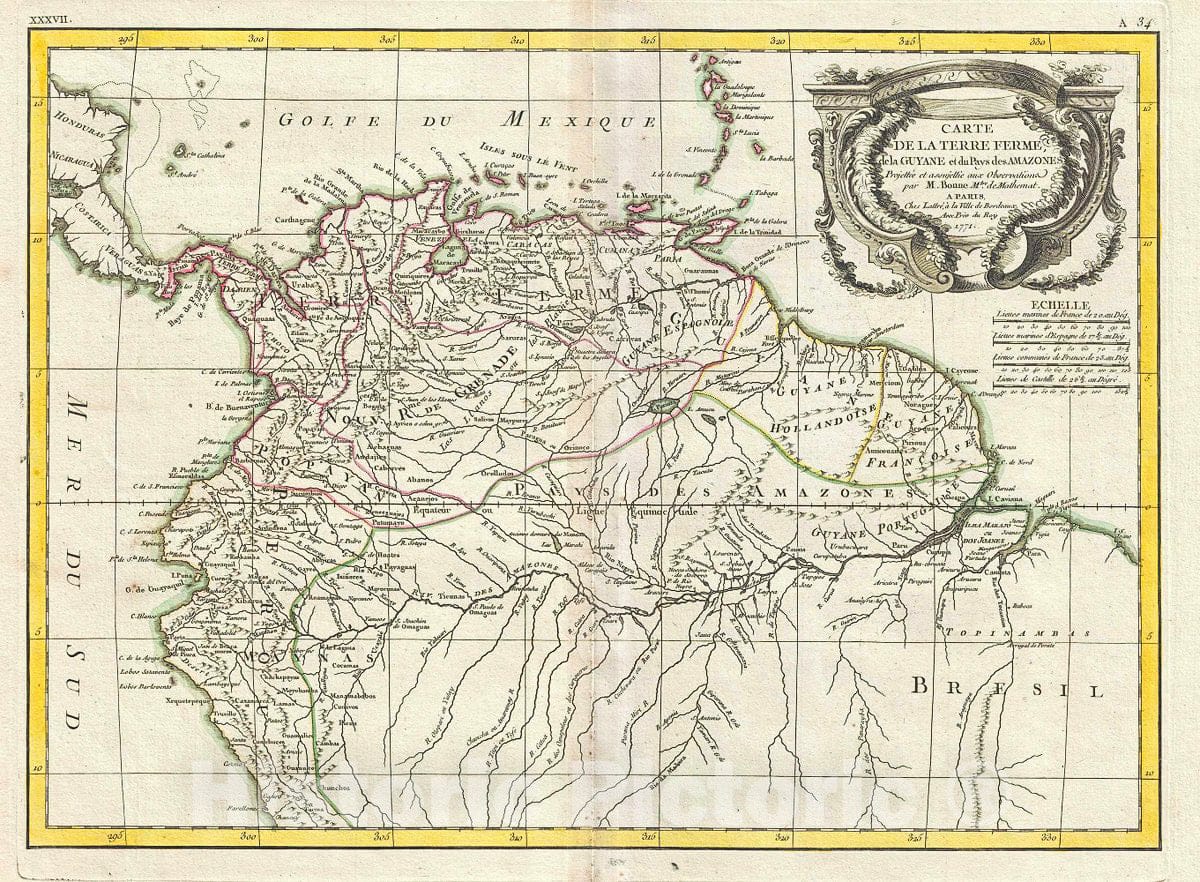 Historic Map : Bonne Map of Tierra Firma or Northern South America (Columbia, Venezuela, Guyana, Brazil), 1771, Vintage Wall Art