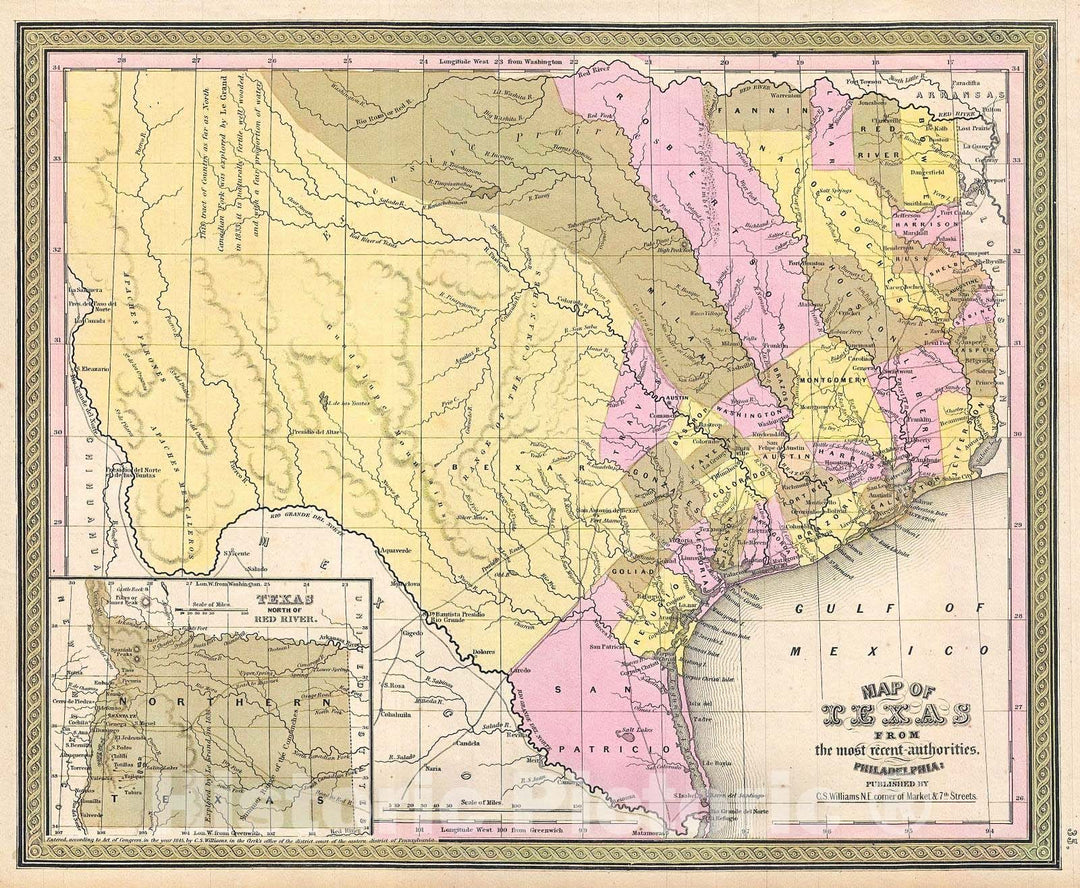 Historic Map : Mitchell Map of Texas, 1849, Vintage Wall Art