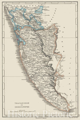 Historic Map : Pharoah and Company Map of The Travancore and Cochin States, Kerala, India, 1854, Vintage Wall Art