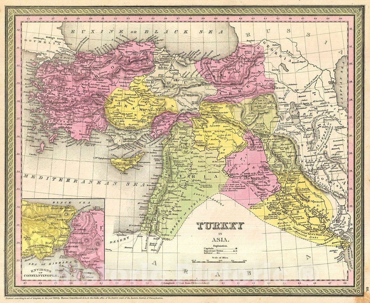 Historic Map : Mitchell Map of Turkey, Syria, Iraq, and The Holy Land, 1854, Vintage Wall Art