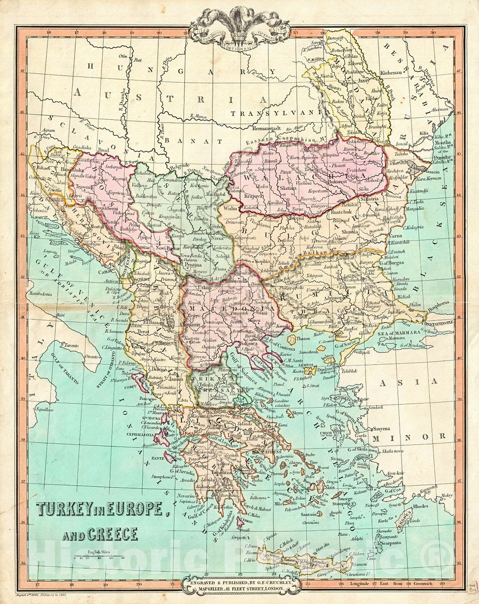 Historic Map : Cruchley Map of European Turkey and Greece, 1850, Vintage Wall Art