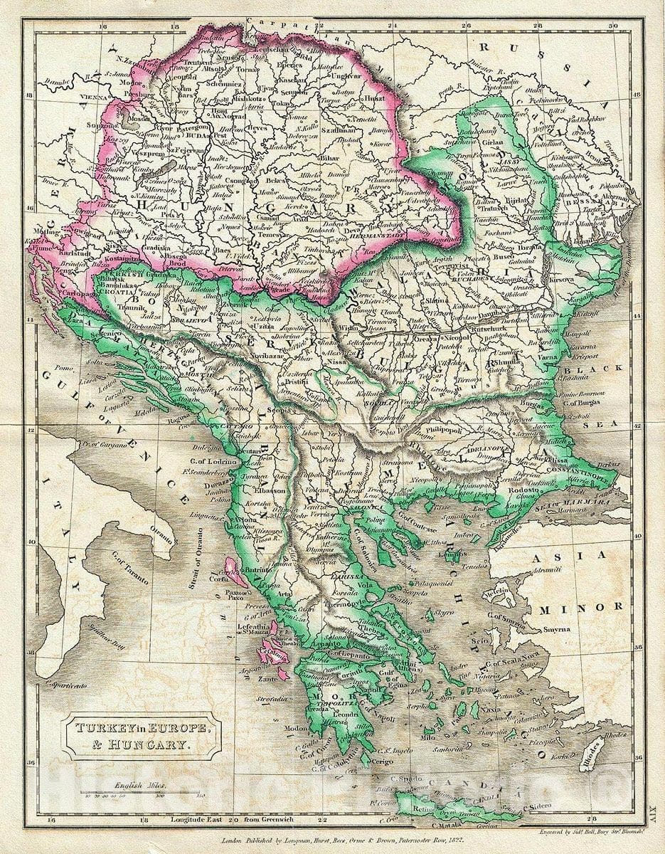 Historic Map : Butler Map of European Turkey and Hungary, 1822, Vintage Wall Art