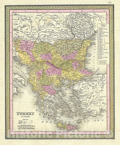 Historic Map : Mitchell Map of Turkey in Europe (Greece, Macedonia, Balkans), 1849, Vintage Wall Art