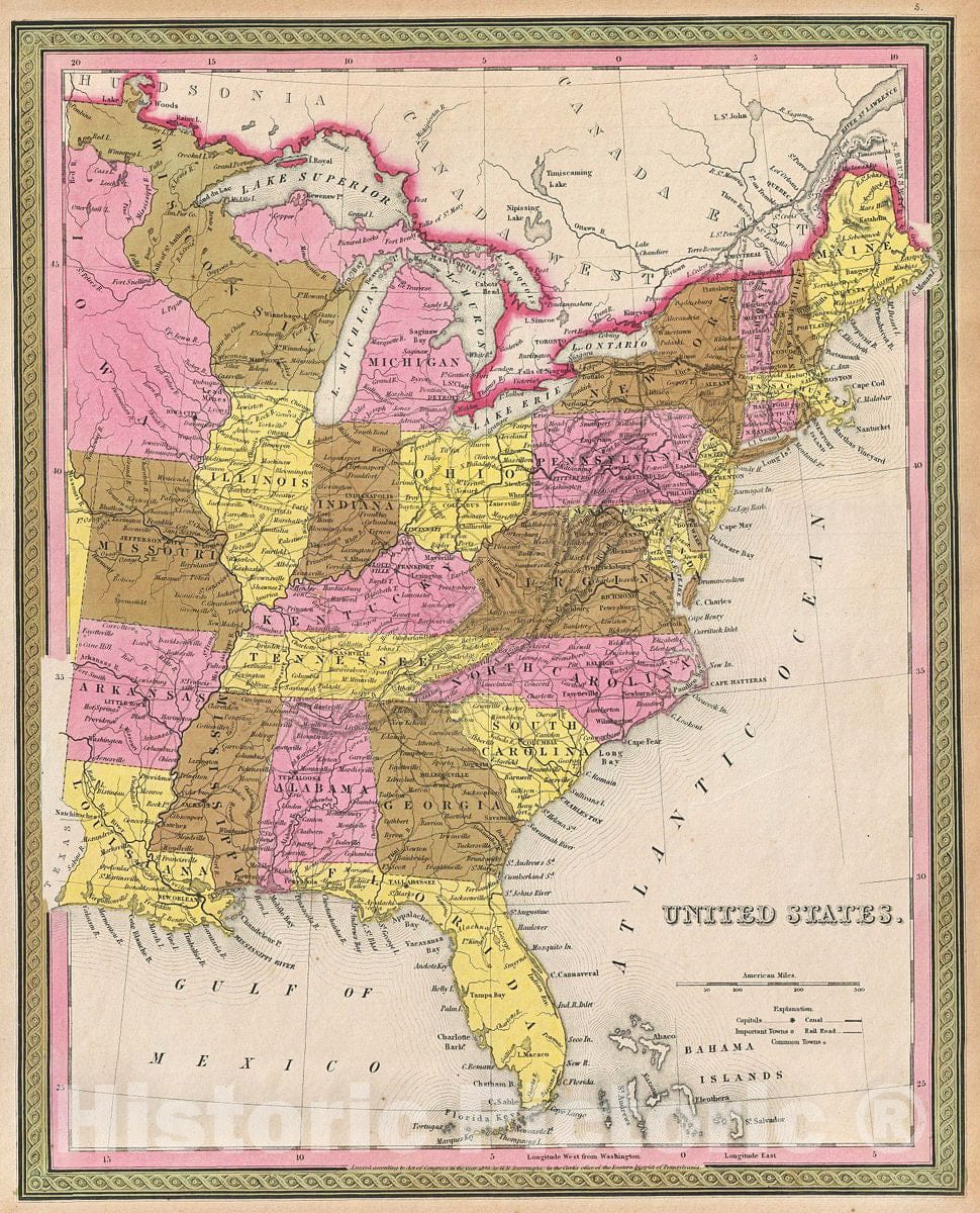 Historic Map : Mitchell Map of The United States, 1846, Vintage Wall Art