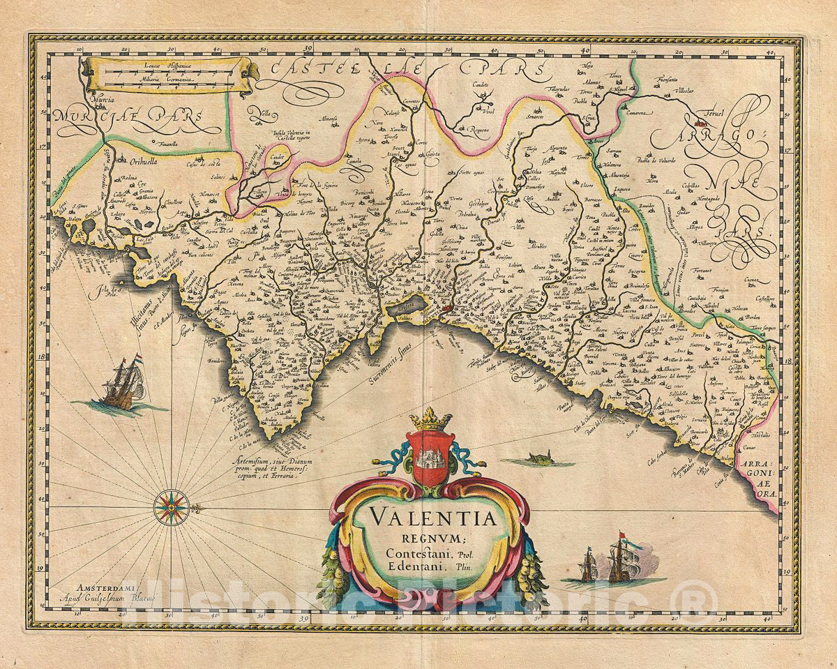 Historic Map : Blaeu Map of Valencia, Spain, 1635, Vintage Wall Art