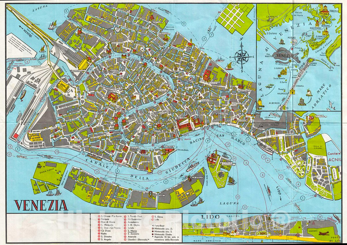 Historic Map : Pictorial Pocket Map or Plan of The City of Venice, Italy, 1940, Vintage Wall Art