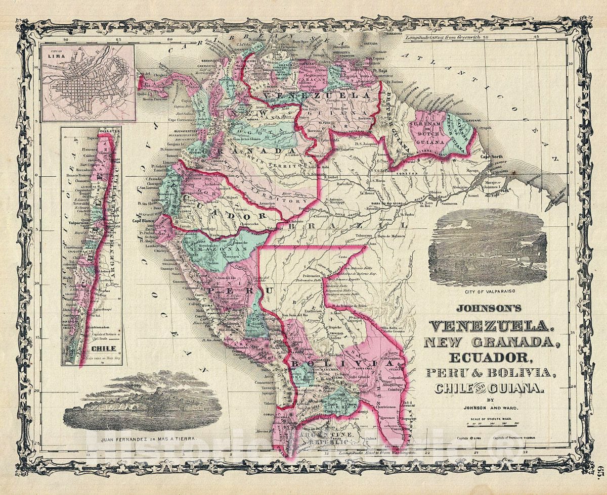Historic Map : Johnson Map of Venezuela, Peru, Bolivia, Columbia and Ecuador, 1863, Vintage Wall Art