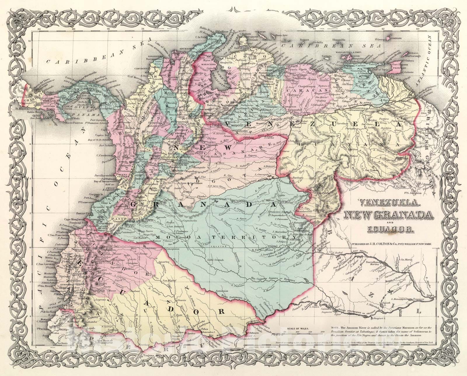 Historic Map : Colton Map of Columbia, Venezuela and Ecuador, 1856, Vintage Wall Art