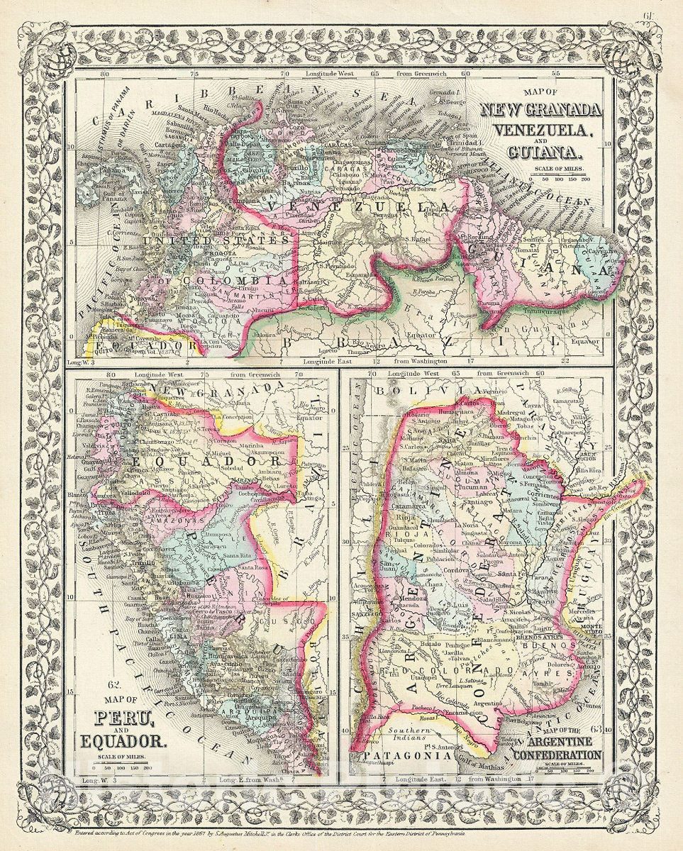 Historic Map : Mitchell Map of New Granada, Venezuela,Guiana, Peru,Equador (Ecuador) and Argentina, 1867, Vintage Wall Art