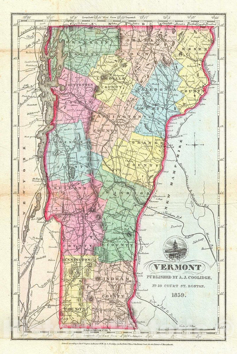 Historic Map : Coolidge Map of Vermont, 1859, Vintage Wall Art