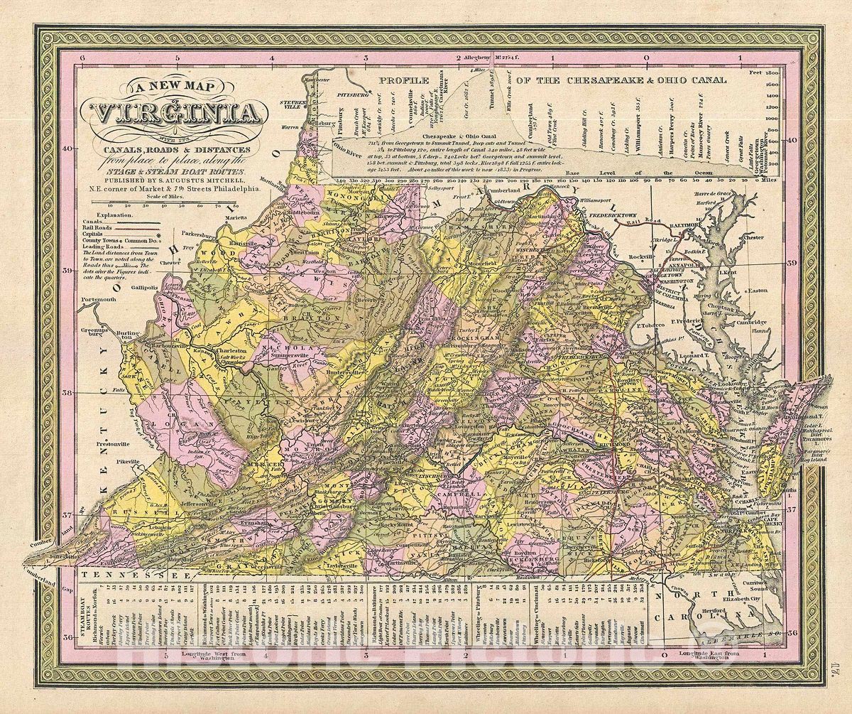 Historic Map : Mitchell Map of Virginia and West Virginia, 1849, Vintage Wall Art