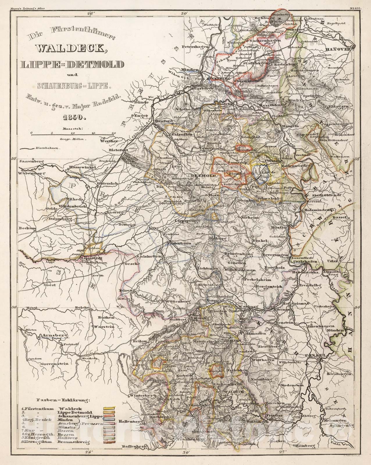 Historic Map : Meyer Map of The Principalities of Waldeck, LippeDetmold and SchaumburgLippe, Germany, 1850, Vintage Wall Art
