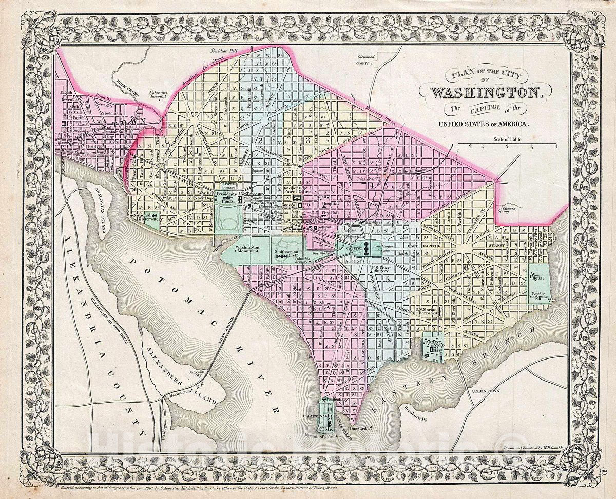 Historic Map : Mitchell Plan or Map of Washington D. C, 1867, Vintage Wall Art