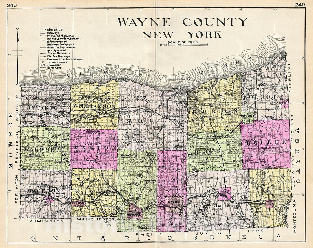Historic Map : Century Map of Wayne County, New York, 1912, Vintage Wall Art