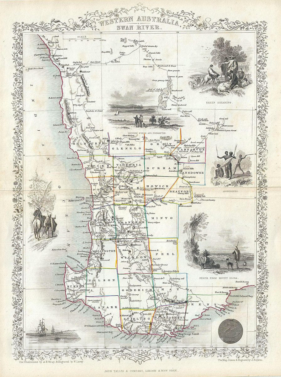 Historic Map : Tallis and Rapkin Map of Western Australia, 1851, Vintage Wall Art