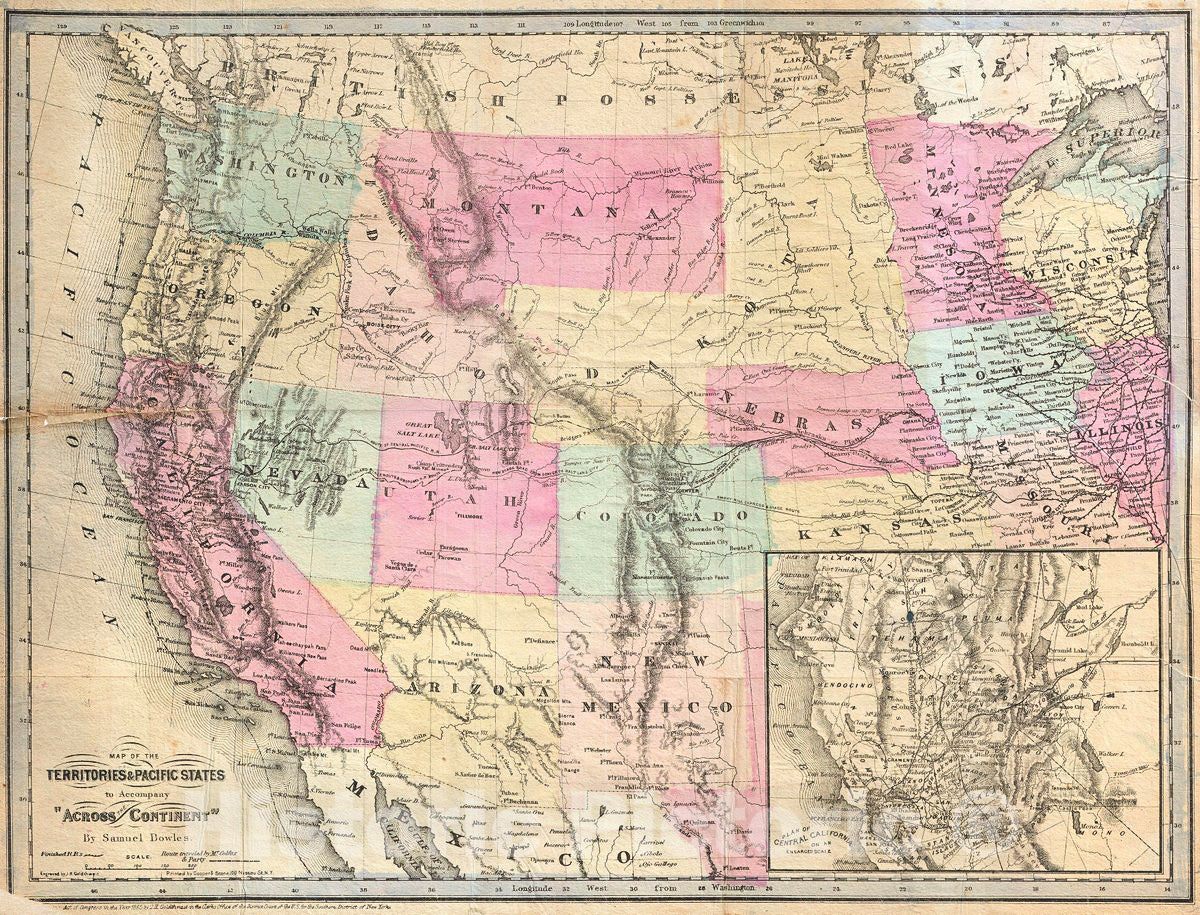 Historic Map : Goldthwait Map of The Western United States, Version 2, 1865, Vintage Wall Art