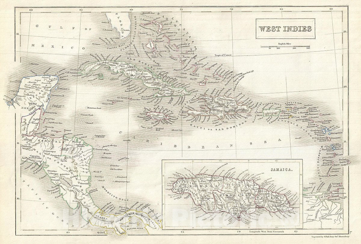 Historic Map : Black Map of The West Indies, 1844, Vintage Wall Art