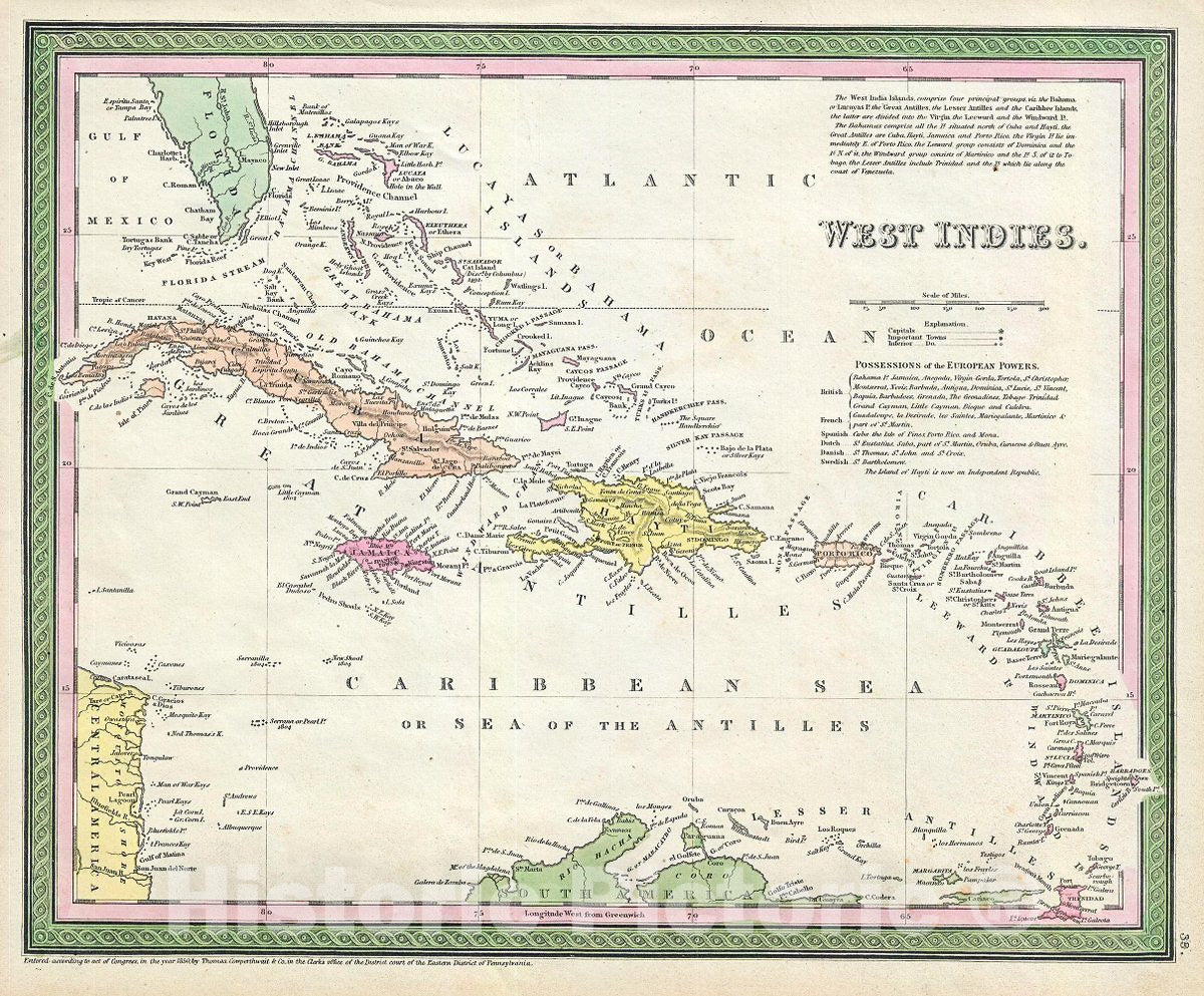 Historic Map : Mitchell Map of The West Indies (Cuba, Hispaniola, Porto Rico), 1854, Vintage Wall Art