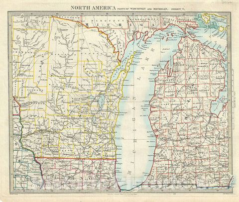 Historic Map : S.D.U.K. Map of Michigan and Wisconsin (w/Lake Michigan), 1875, Vintage Wall Art
