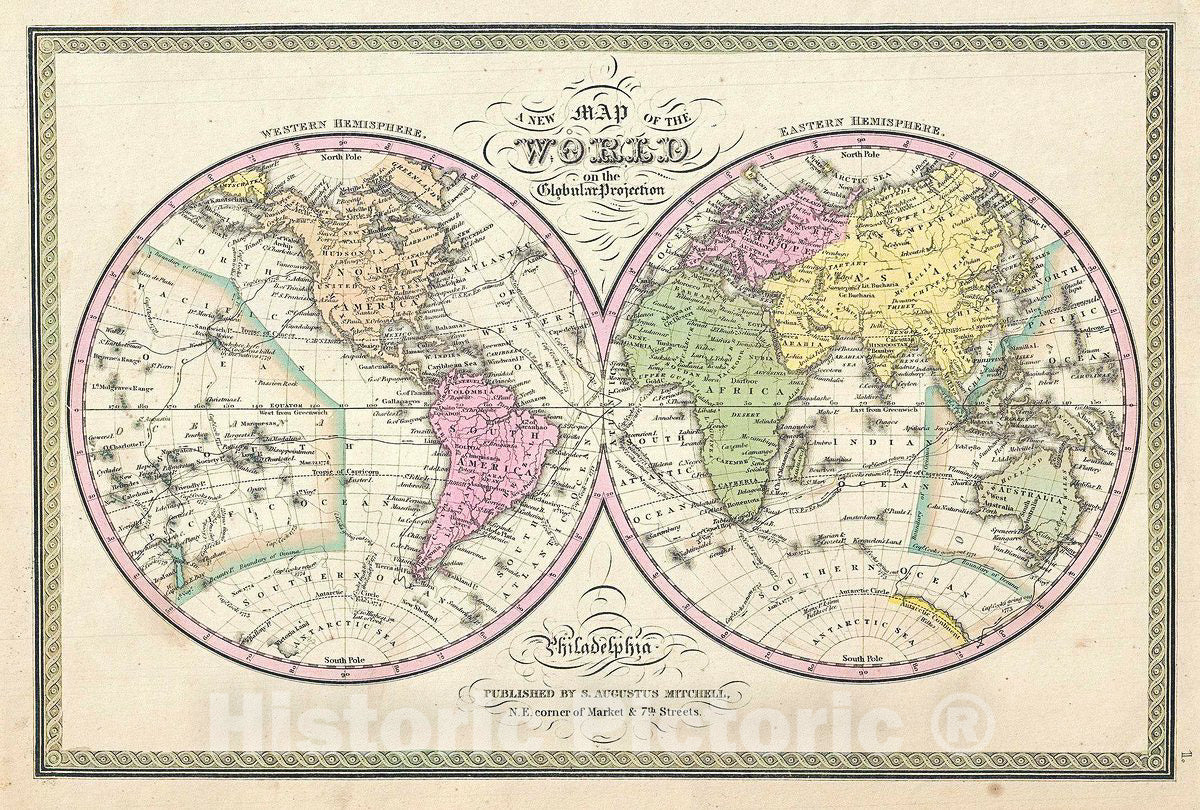 Historic Map : Mitchell Map of The World in Hemispheres, 1849, Vintage Wall Art