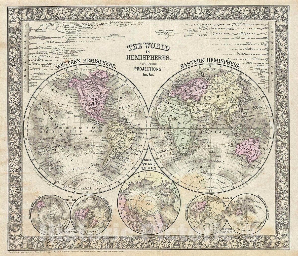 Historic Map : Mitchell Antique Map of The World in Hemispheres, 1866, Vintage Wall Art