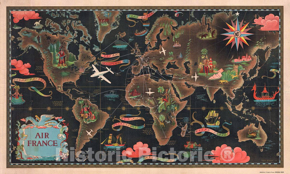 Historic Map : Lucian Boucher Air France Double Hemisphere Celestial (Surrealist), 1947, Vintage Wall Art