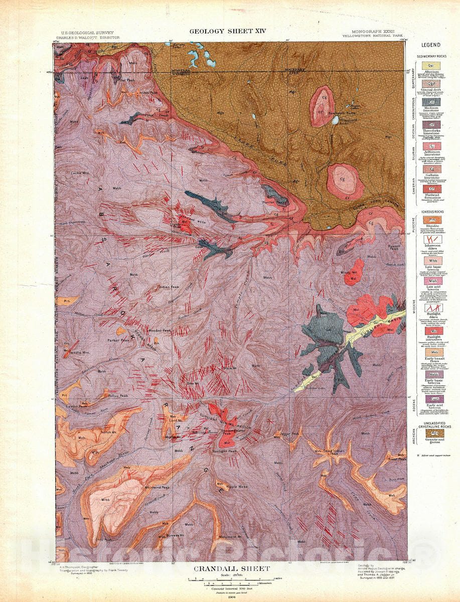 Historic Map : USGS Geologic Map of Crandall, Yellowstone National Park, 1904, Vintage Wall Art