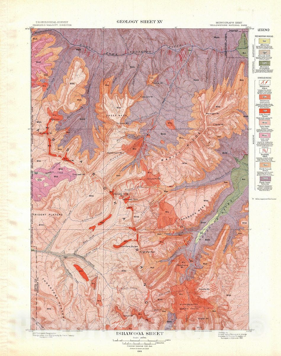 Historic Map : USGS Geologic Map of Ishawooa, Yellowstone National Park, 1904, Vintage Wall Art