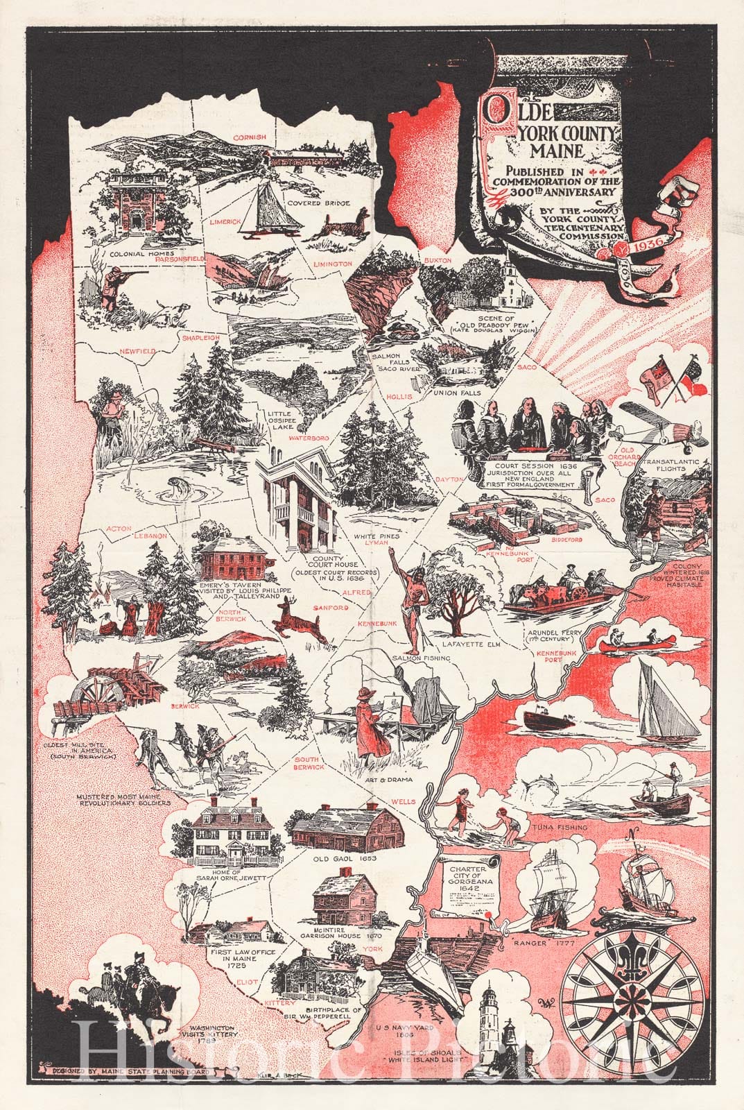 Historic Map : Pictorial State Planning Board Map of York County, Maine, 1936, Vintage Wall Art