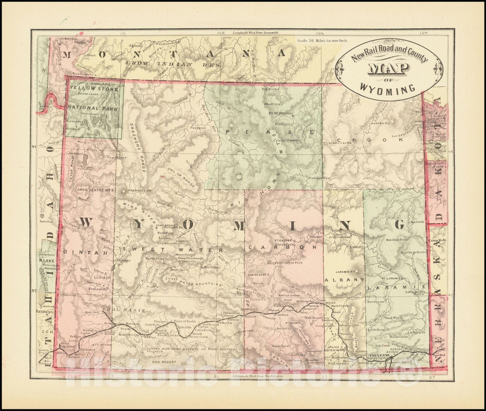 Historic Map : New Railroad and County Wyoming, 1884, Vintage Wall Art