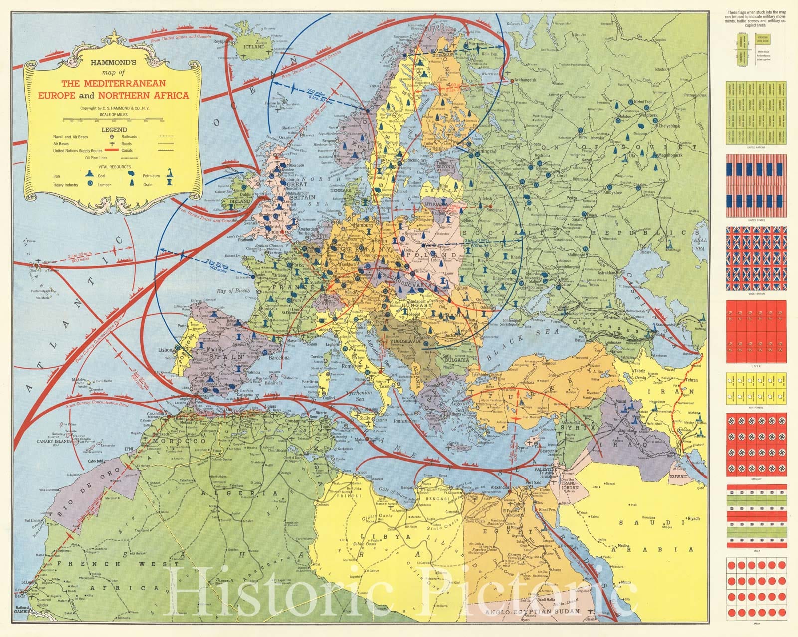 Historic Map : (Second World War) Hammond's Mediterranean Europe and Northern Africa , 1943, Vintage Wall Art