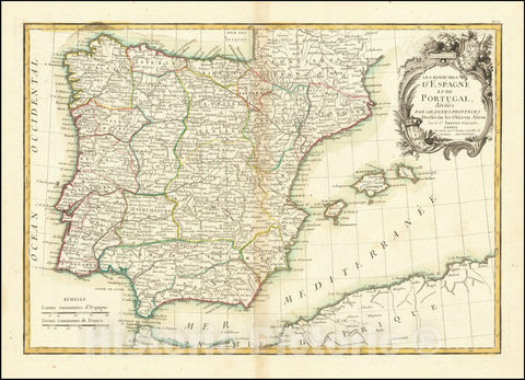 Historic Map : Les Royaumes D'Espagne Et De Portugal divises Par Grandes Provinces,  with Balearic Islands, 1762, Vintage Wall Art
