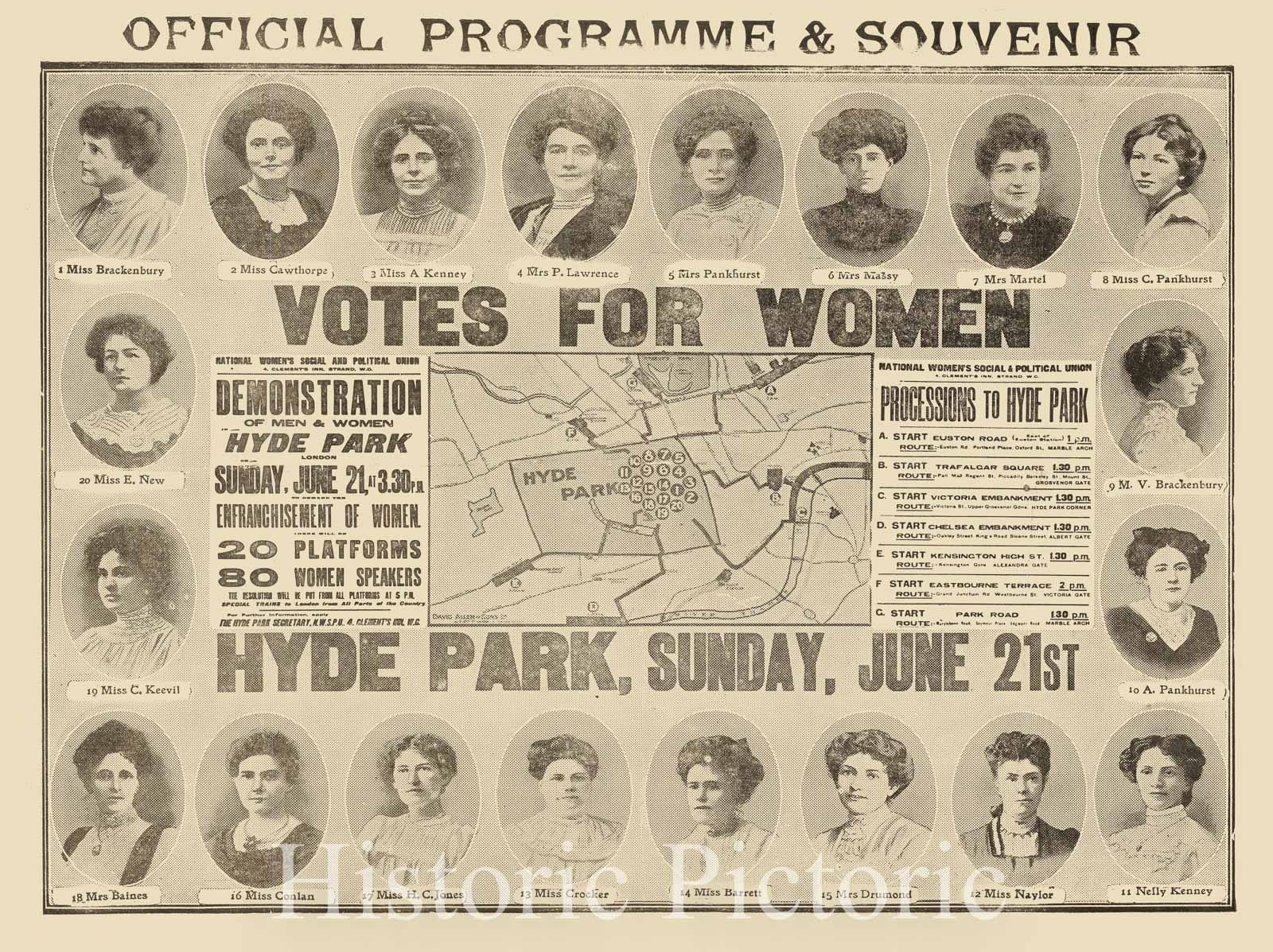 Historic Map : Suffragette March Map, 1908, Vintage Wall Art