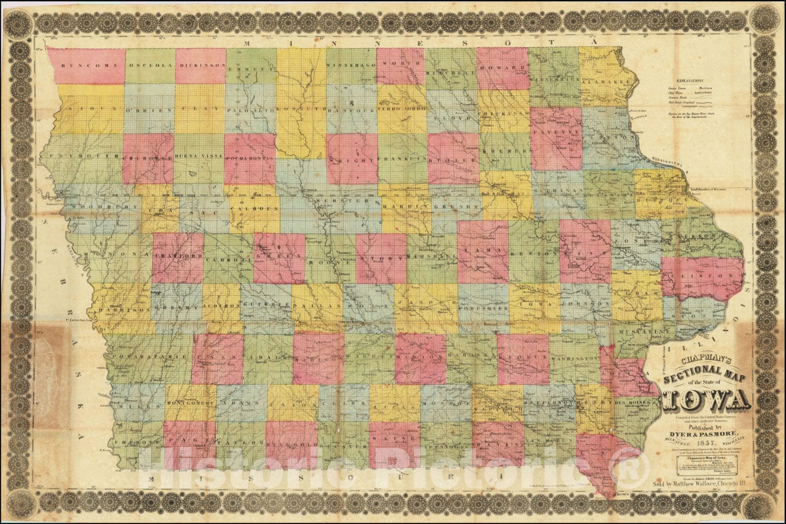 Historic Map : Chapman's Sectional State of IowaCompiled from the United States Surveys and other authentic Sources Published by Dyer & Pasmore, 1857, 1857, Vintage Wall Art