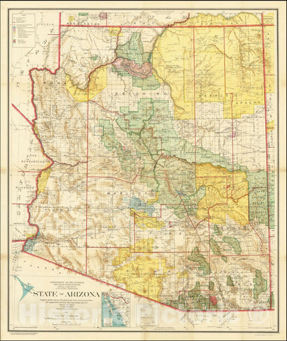 Historic Map : State of Arizona Compiled chiefly from the Official Records of the General Land Office with supplemental data from other map making agencies, 1921, 1921, Vintage Wall Art