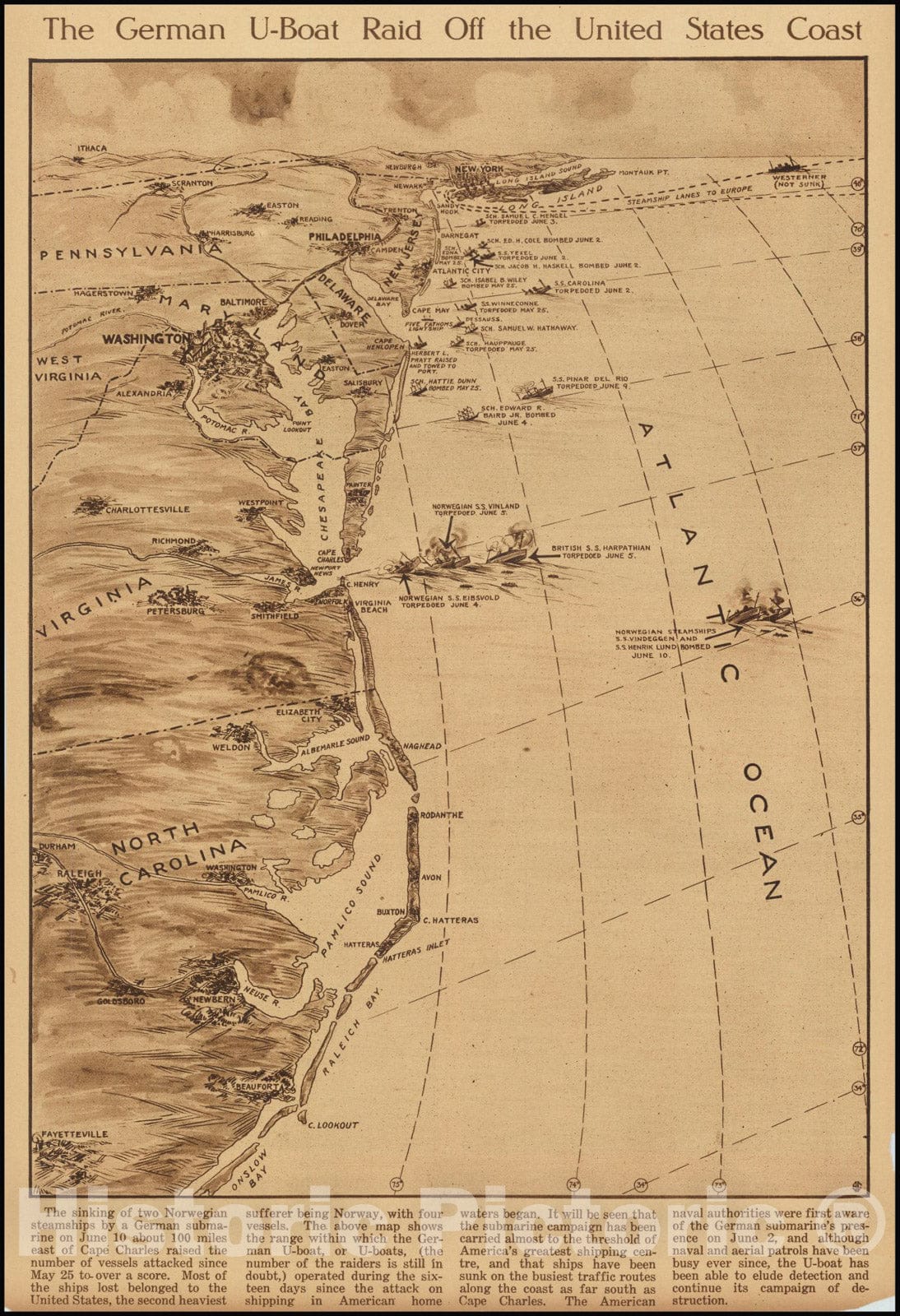 Historic Map : First World War-Atlantic U-Boat Campaign, 1917, Vintage Wall Art