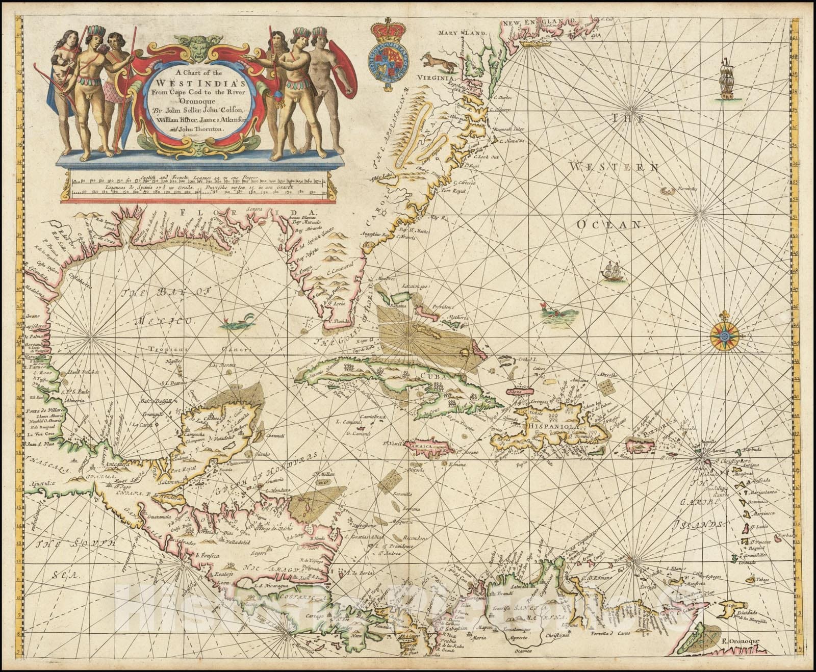Historic Map : A Chart of the West India's From Cape Cod to the River Oronoque .,1673 (1677 ca), Vintage Wall Art