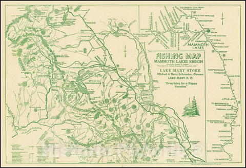 Historic Map : Fishing Map Mammoth Lakes Region, ., 1930, Vintage Wall Art