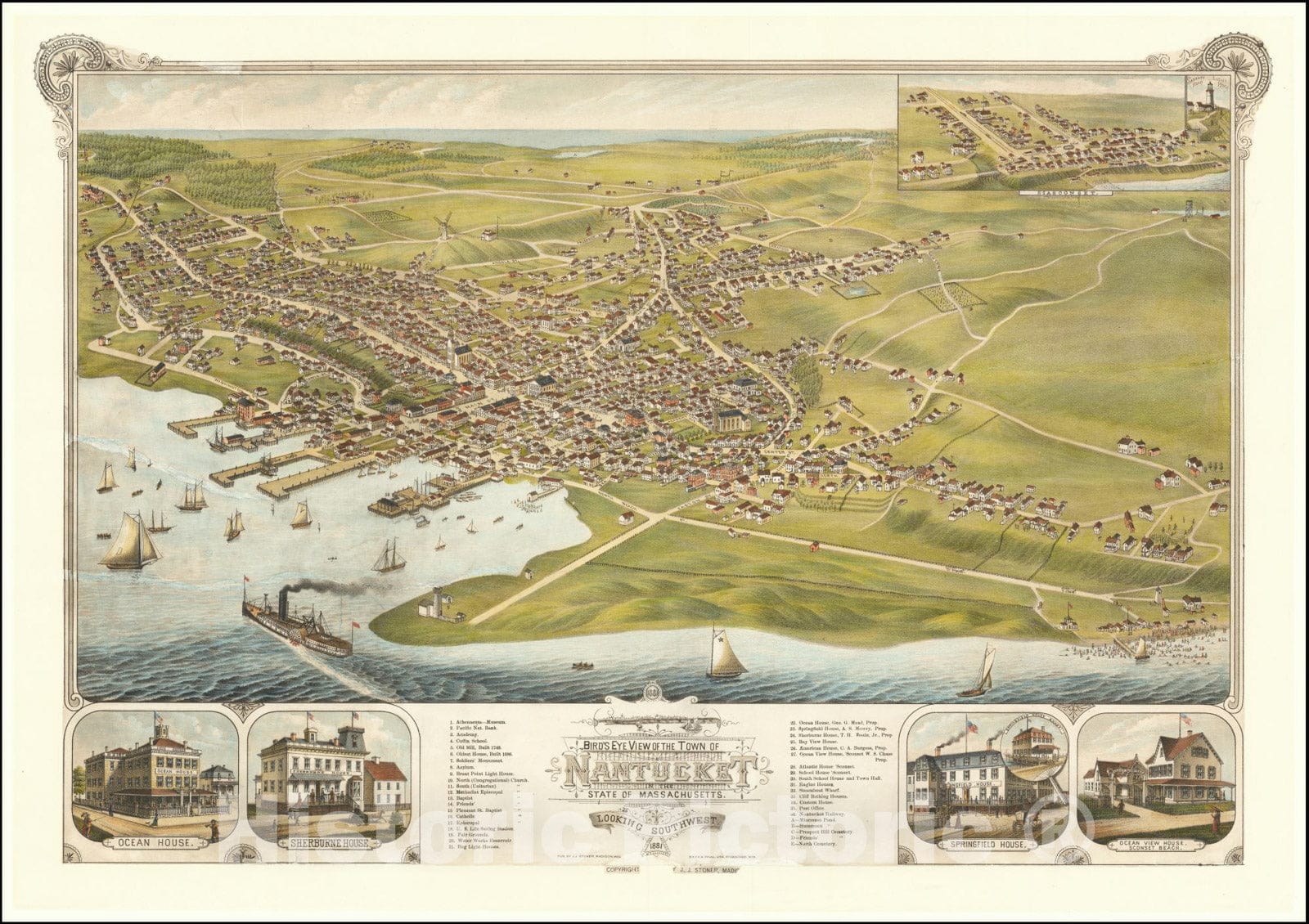Historic Map : Bird's Eye View of the Town of Nantucket State of Massachusetts.Looking Southwest.1881., 1881, Vintage Wall Art
