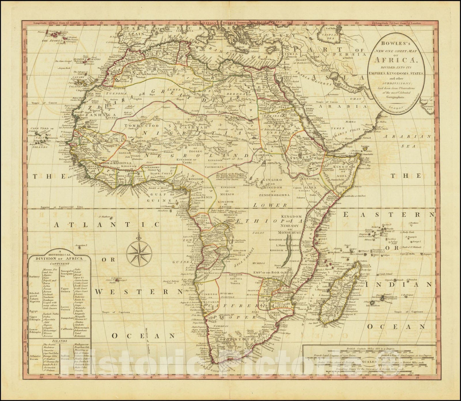 Historic Map : Bowles's New One-Sheet Africa, Divided Into Its Empires, Kingdoms, States, and other Subdivisions; laid down from Observations of the most Celebrated Geographers., 1794, Vintage Wall Art