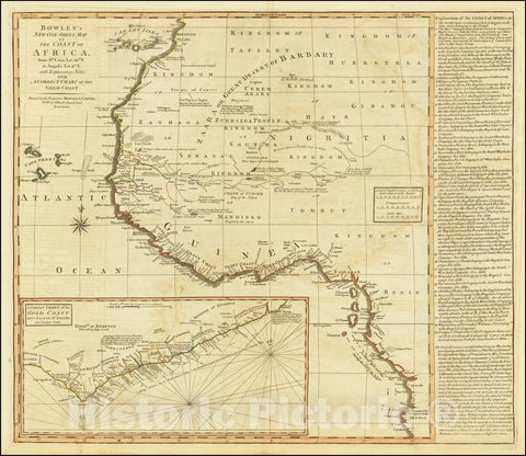 Historic Map : Bowles's New One-Sheet Coast of Africa, from Sta. CRuz, Lat. 30Â° N. to Angola Lat. 11Â° S. with Explanatory Notes; and A Correct Chart of the Gold Coast., 1795, Vintage Wall Art