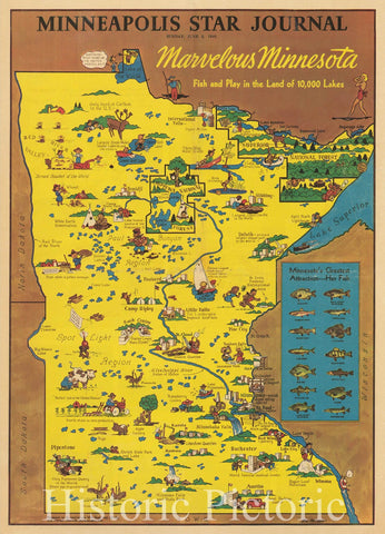 Historic Map : Marvelous Minnesota -- Fish and Play in the Land of 10,000 Lakes, 1940, Vintage Wall Art